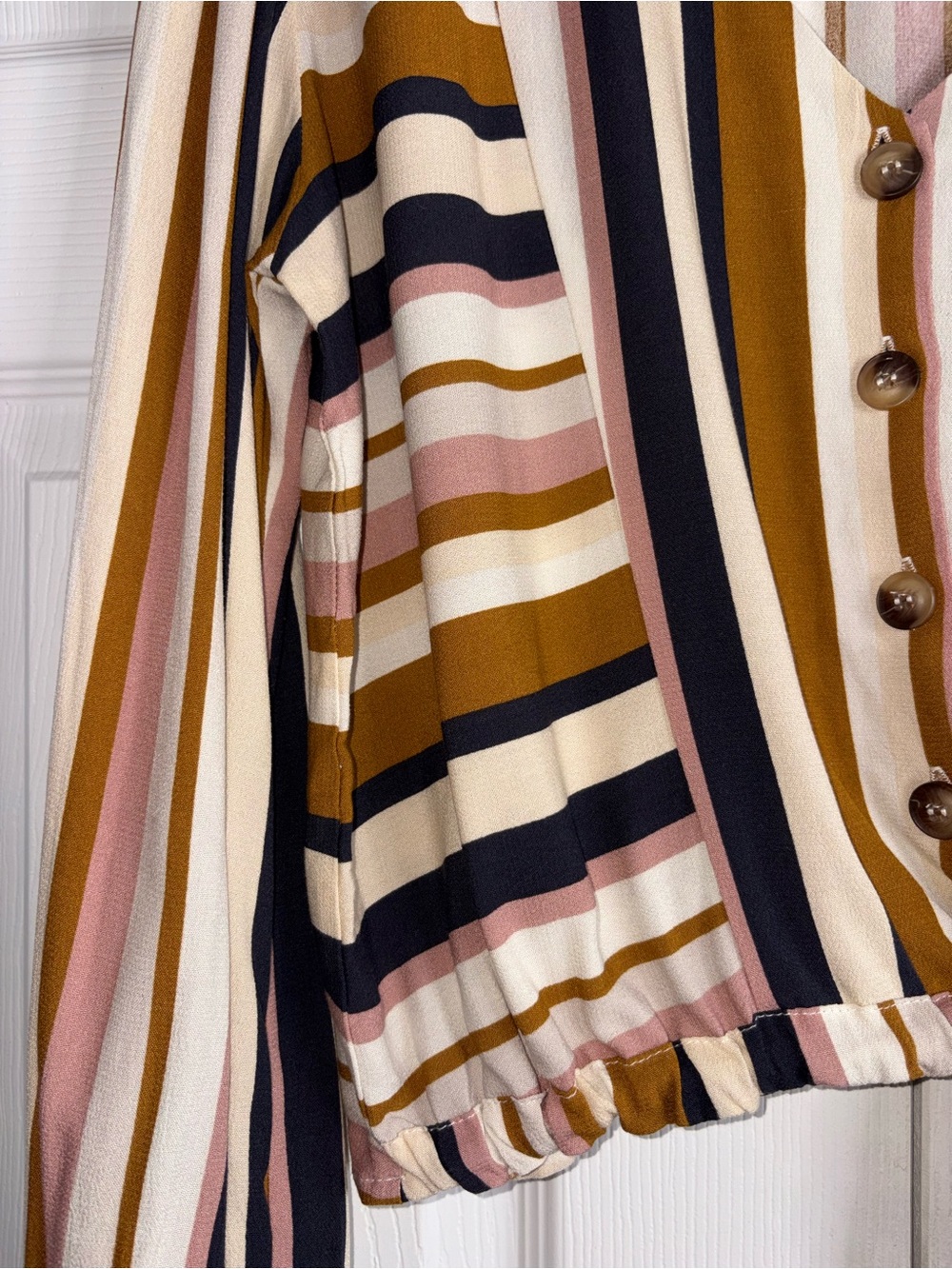 Altar'd State Striped Tie-Front Blouse in Mustard, Blush & Navy - Picture 4 of 11
